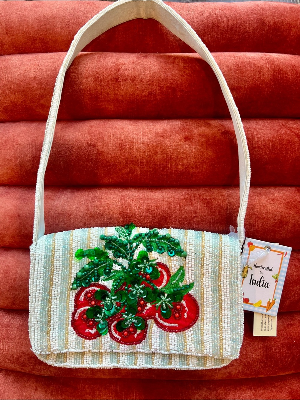 Handcrafted Beaded Tomato Motif Striped Shoulder Bag - NWT
